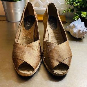 RALPH LAUREN RAW SILK WEDGE PEEP TOE